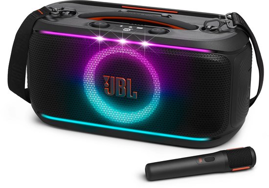 JBL PartyBox On The Go 2 – Enceinte Bluetooth Portable – Avec Microphone Sans Fil – Bandoulière Pratique – Éclairage LED – Résistante aux Éclaboussures – Noir